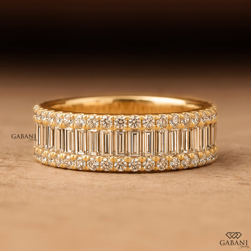 Baguette Round Diamond Band For Women, Half Eternity Wide Ring