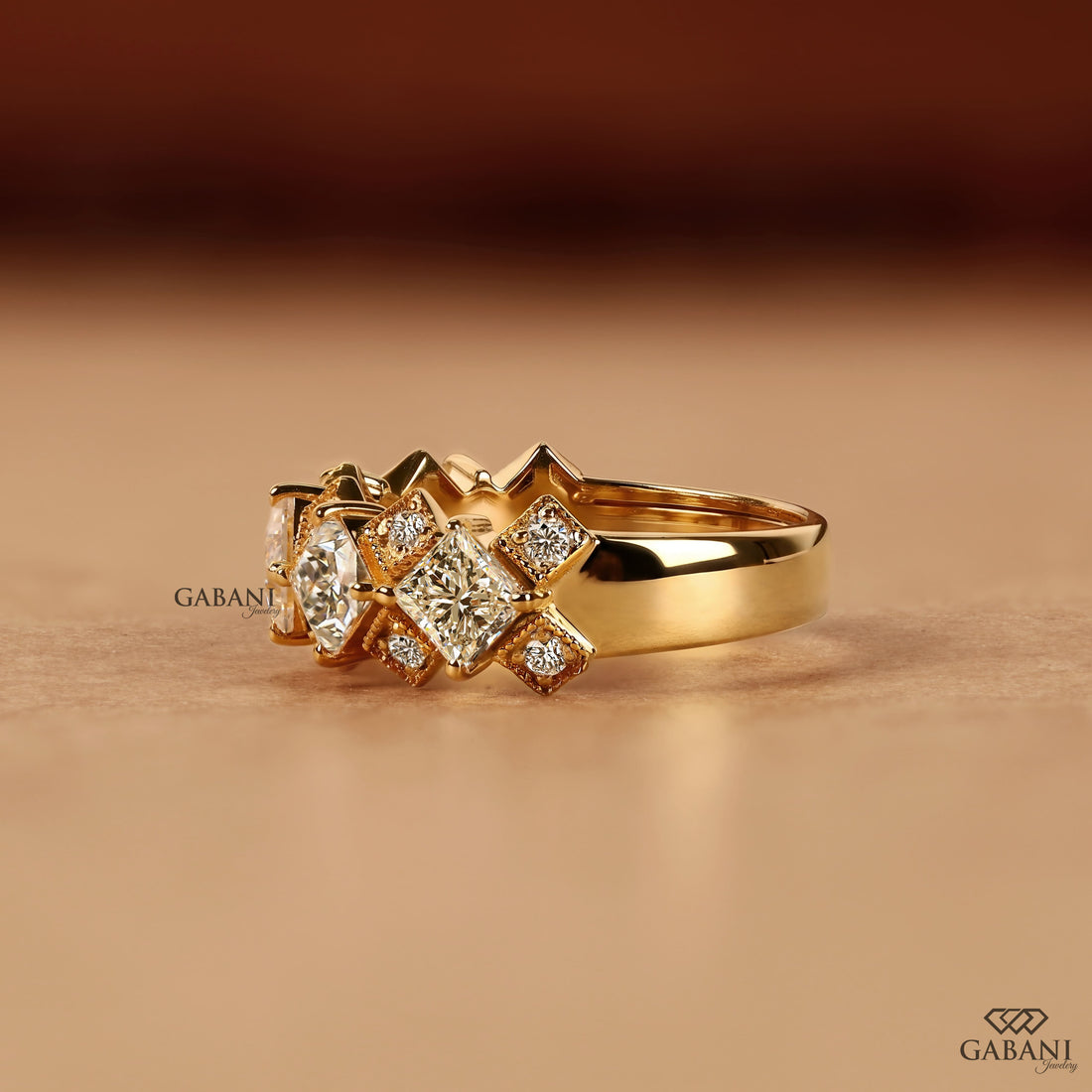Princess cut lab grown diamond wedding band in yellow gold with round diamond accents and a geometric half eternity design for bridal and anniversary wear.