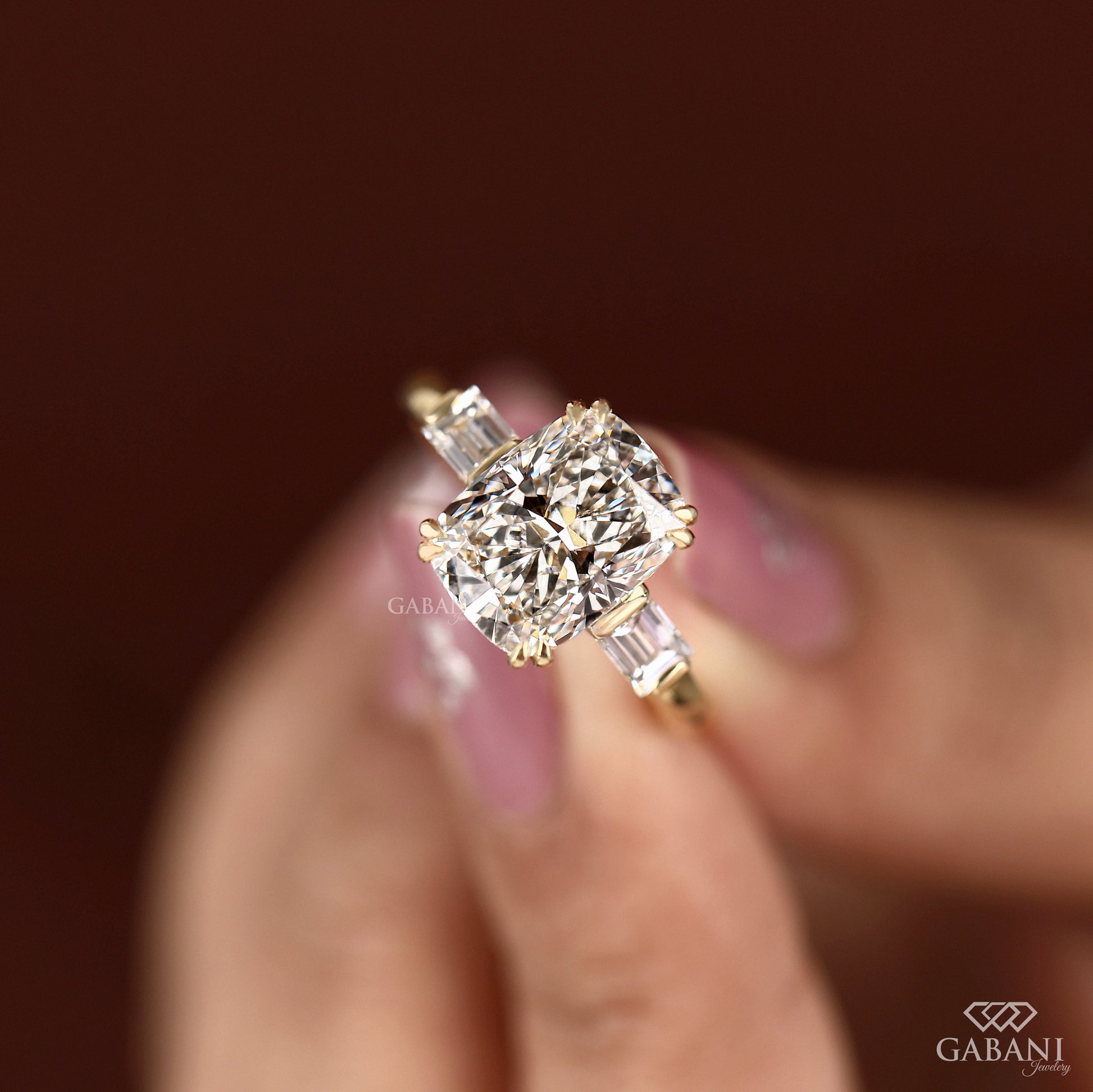 Lab grown diamond engagement ring with baguette side stones and solid yellow gold band