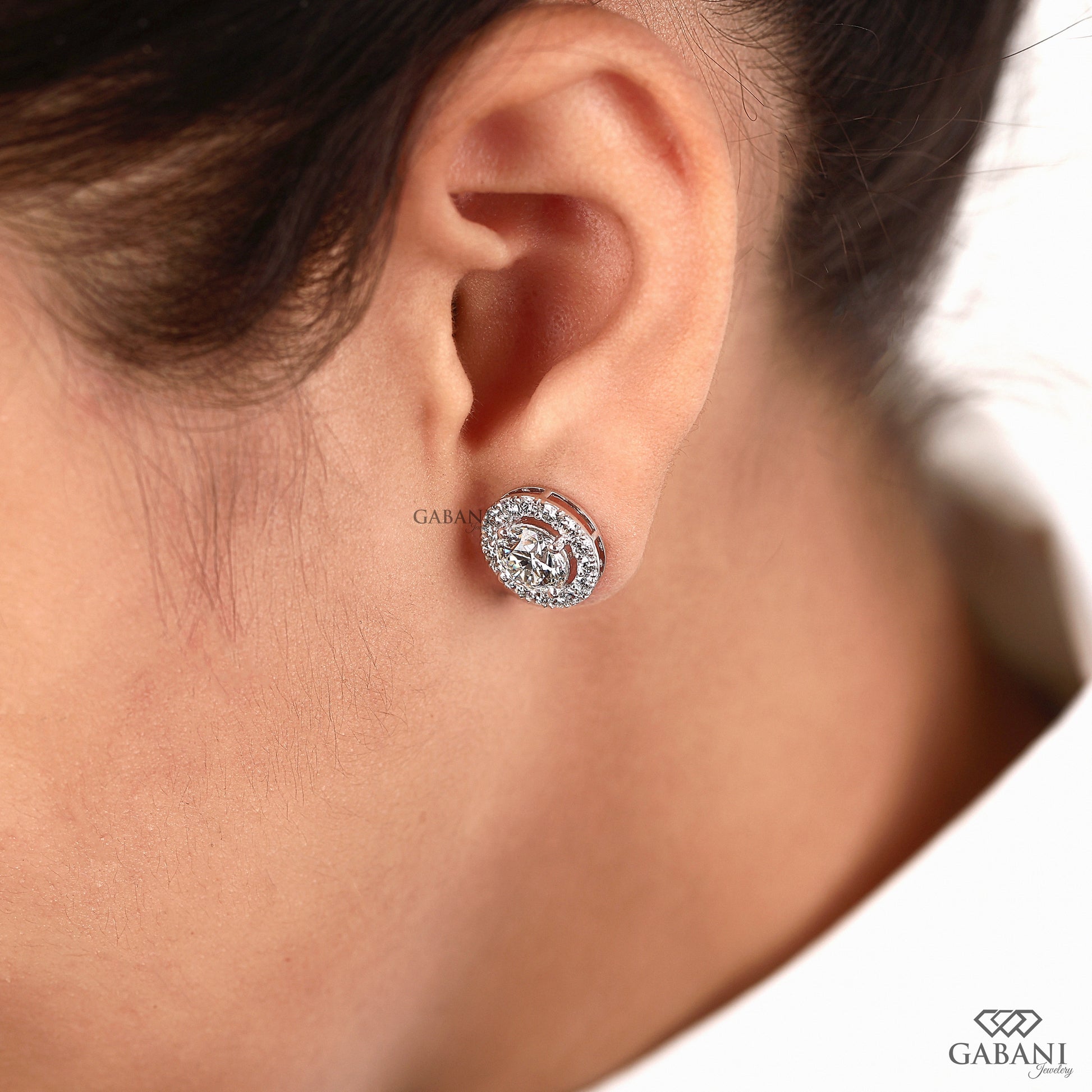 Pave halo earrings with round lab grown diamond in white gold

