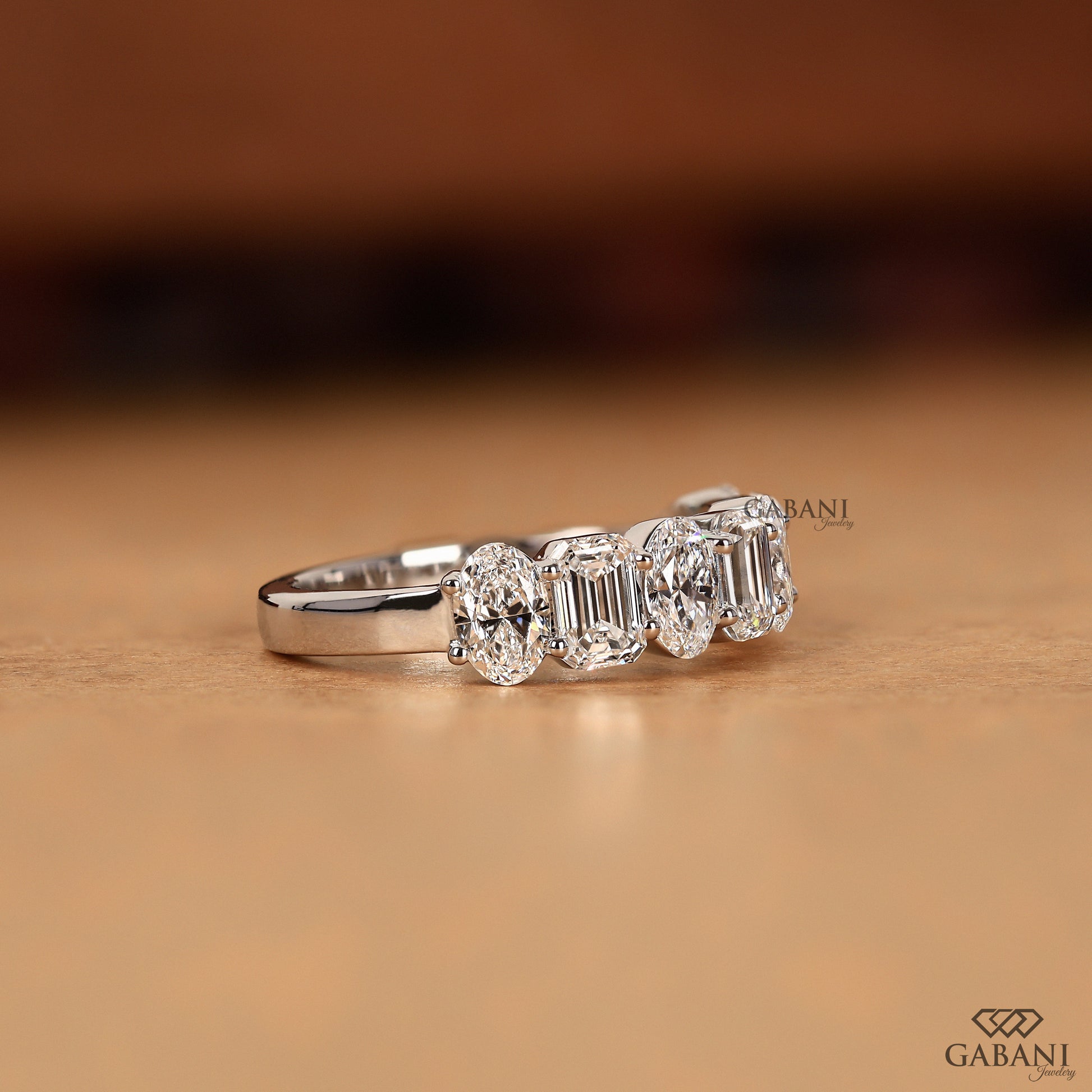 women’s white gold wedding band with mixed shape lab grown diamonds