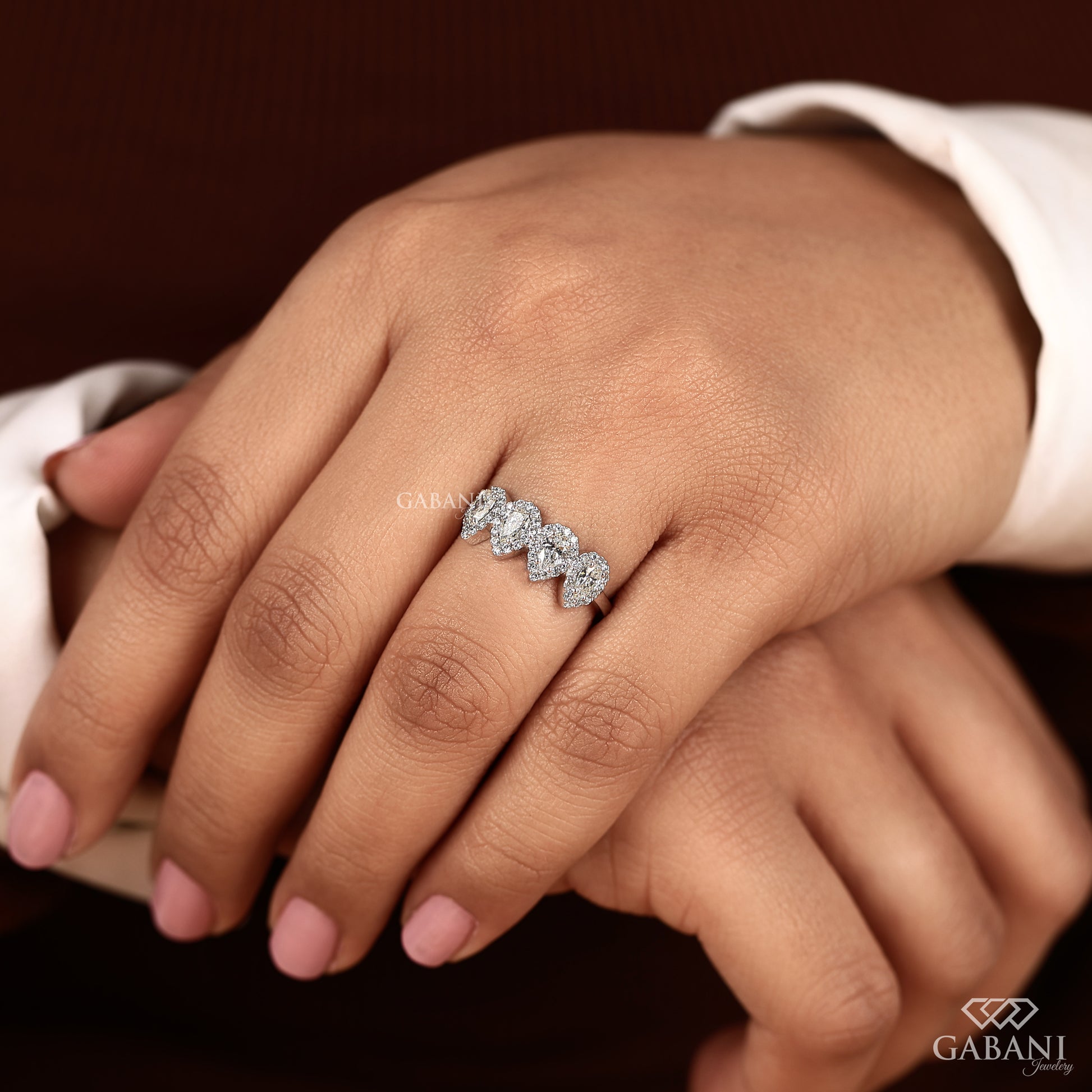 stackable pear lab grown diamond ring with halo design