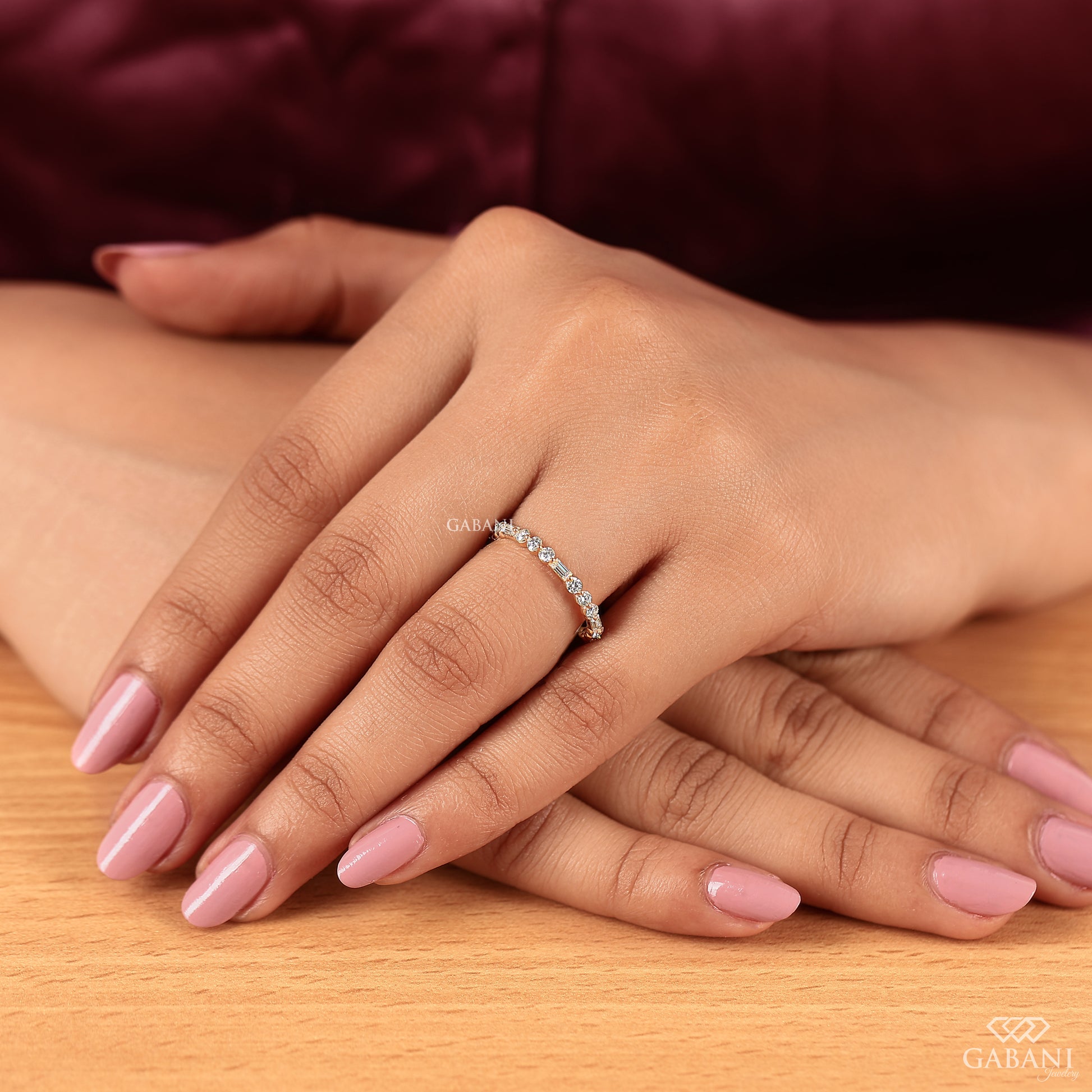 matching wedding band with lab grown baguette and round diamonds in gold