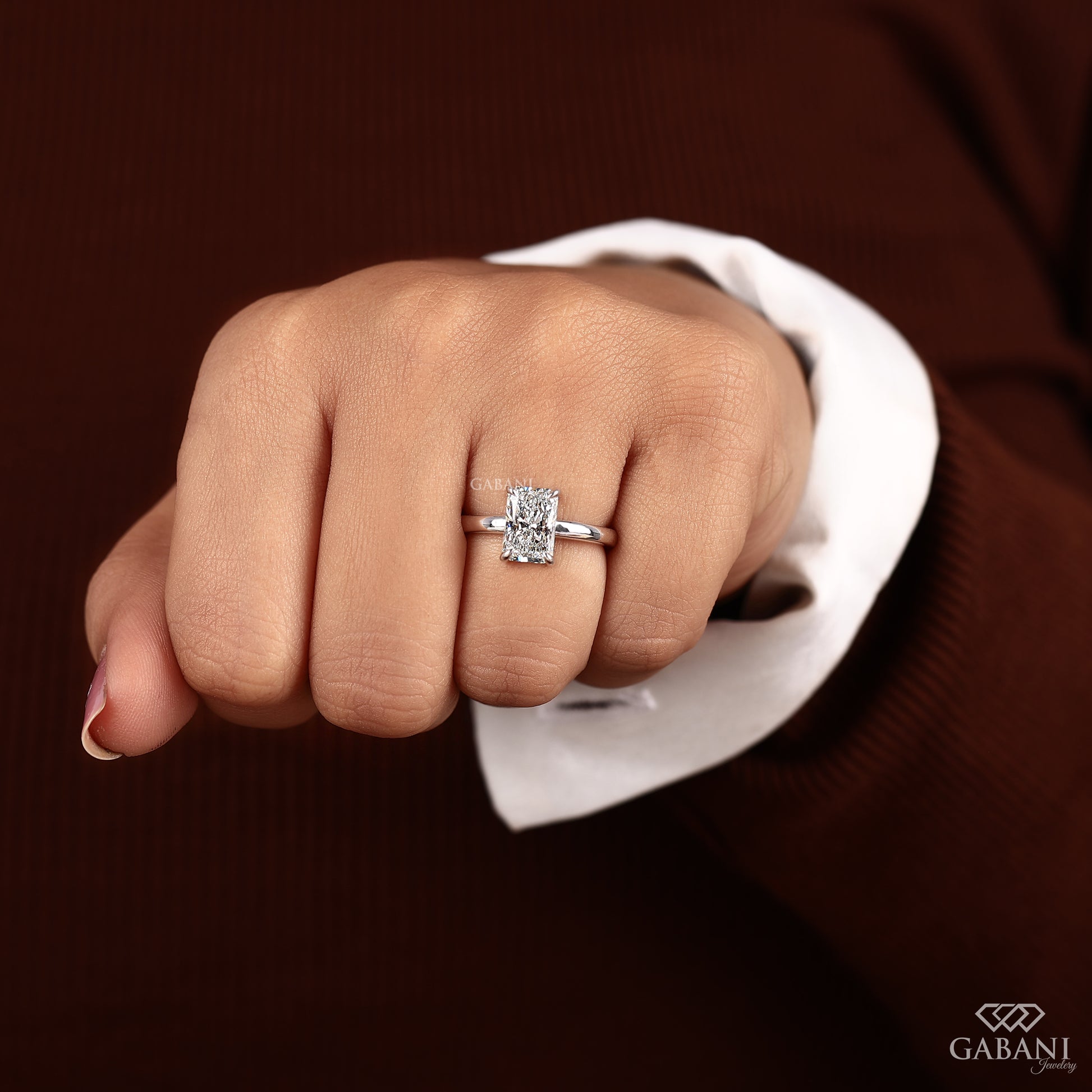 single stone radiant cut lab grown diamond ring with polished white gold band