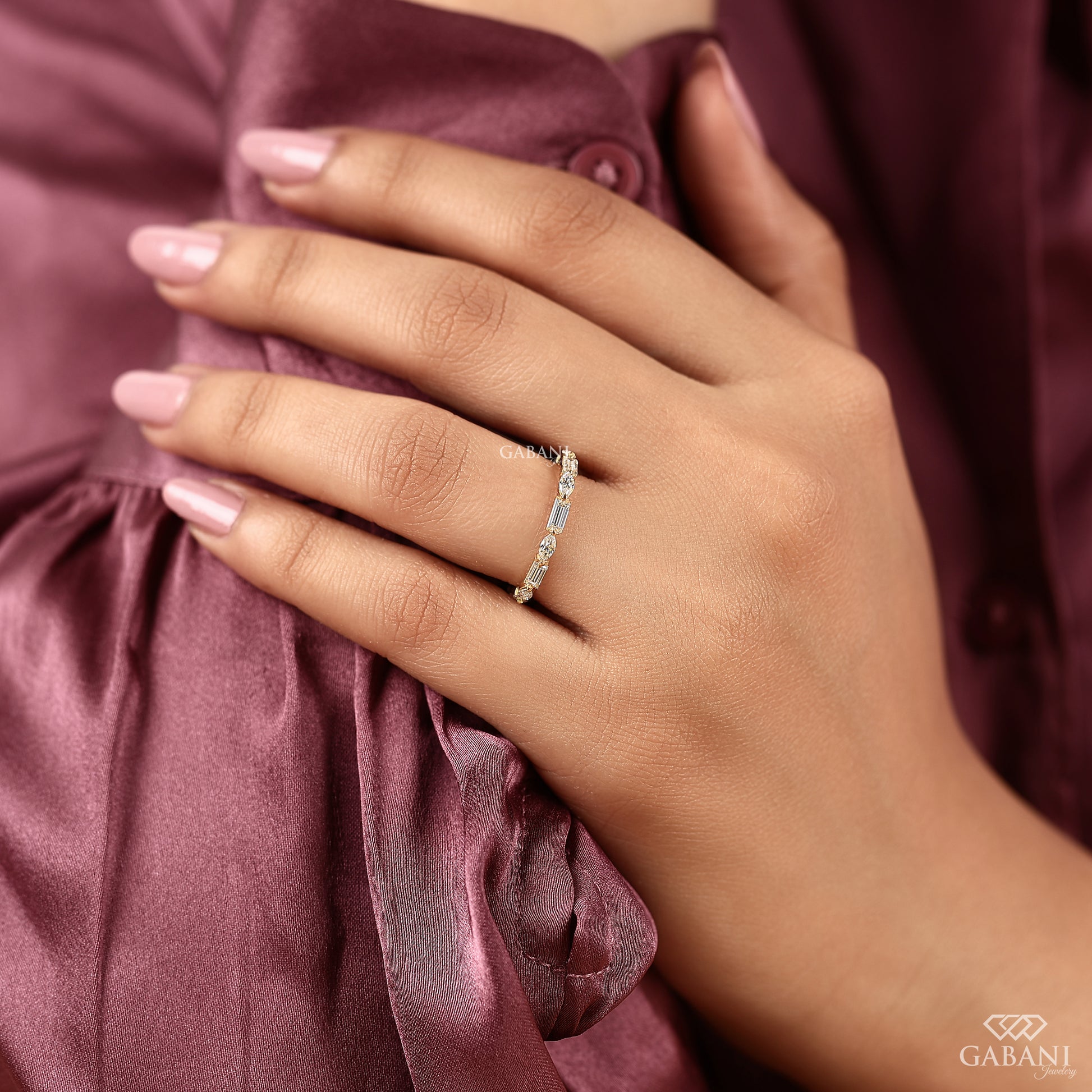 dainty marquise baguette lab diamond wedding ring in gold eternity band