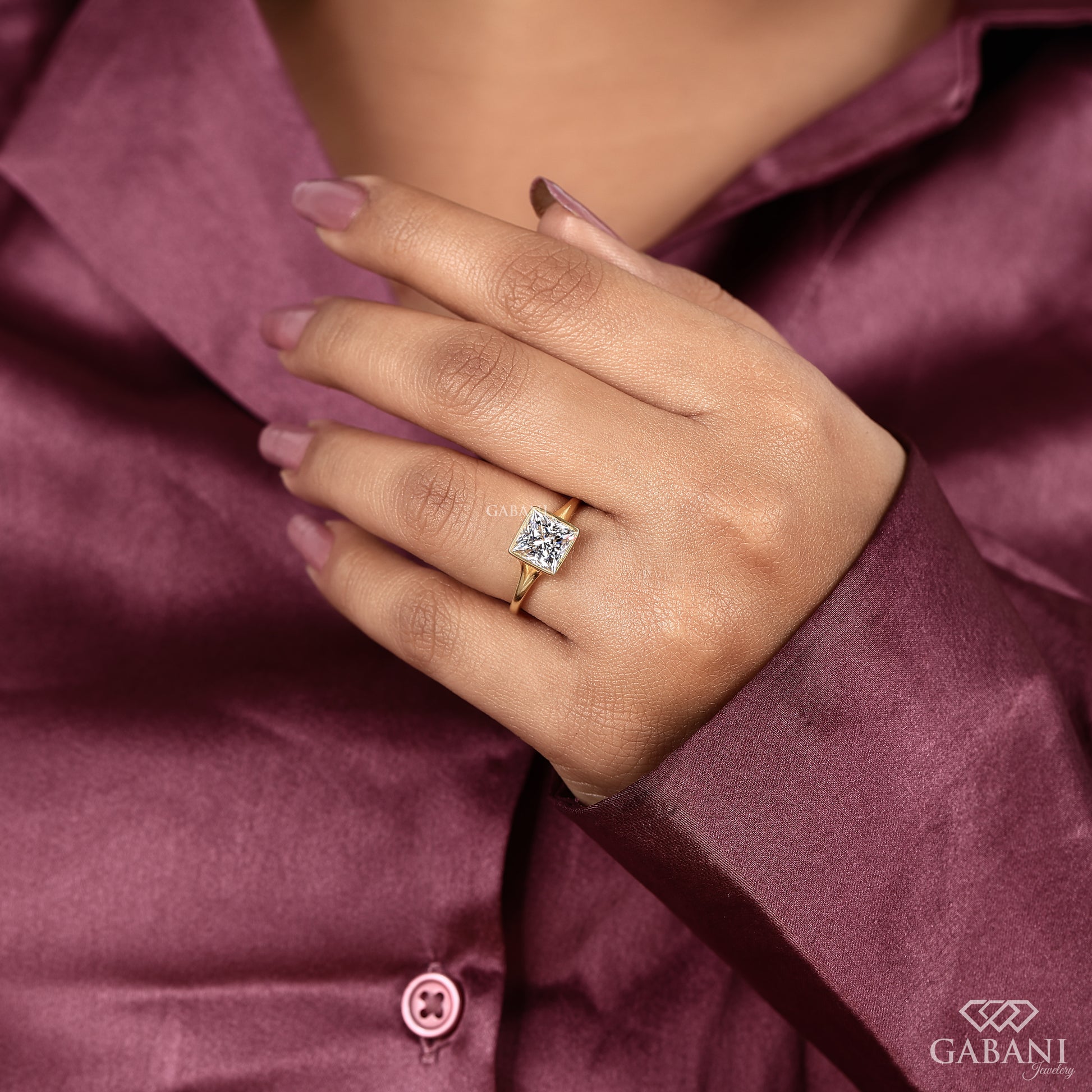modern princess cut lab grown diamond ring with slim bezel and structured band