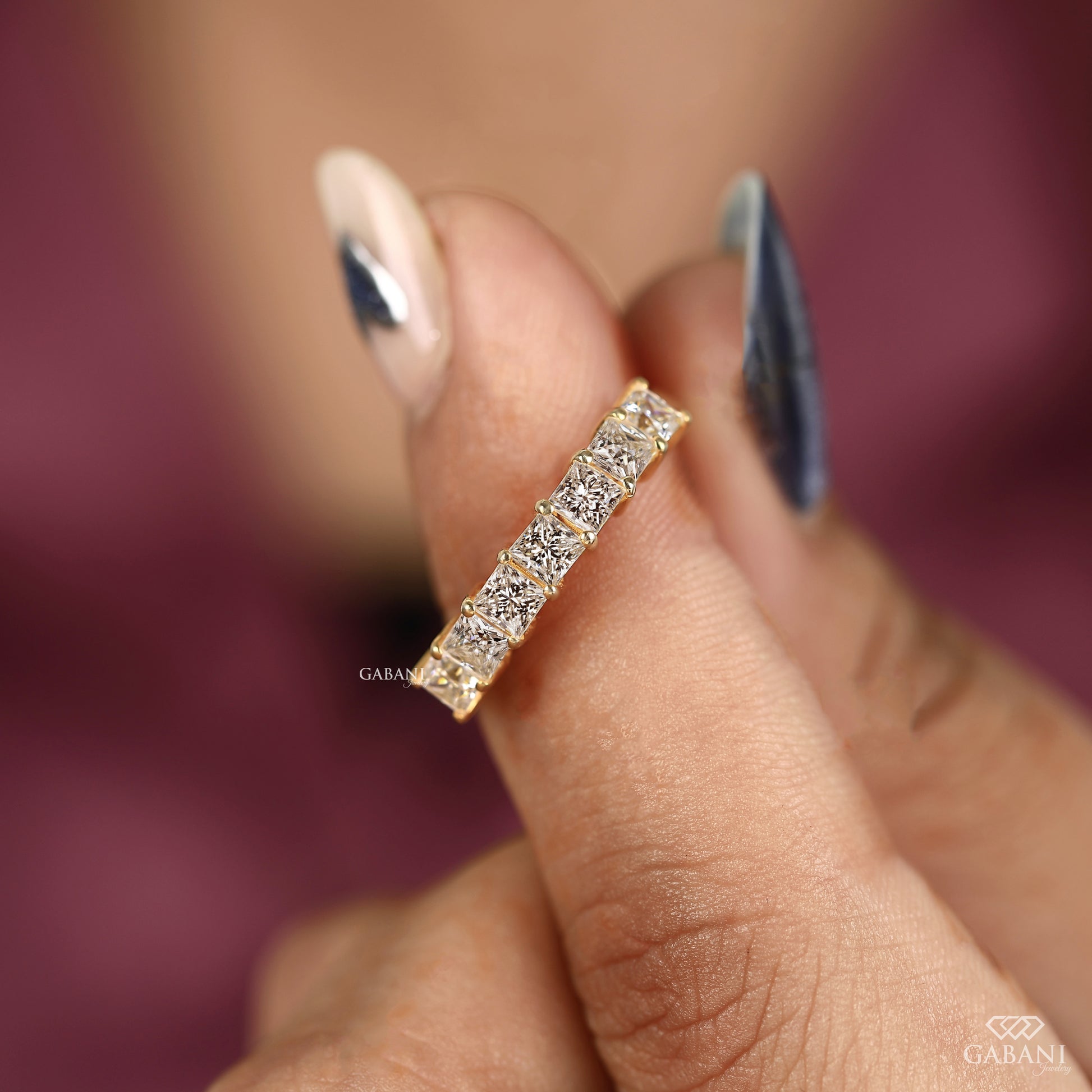 Princess cut lab grown diamond stacking band in yellow gold
