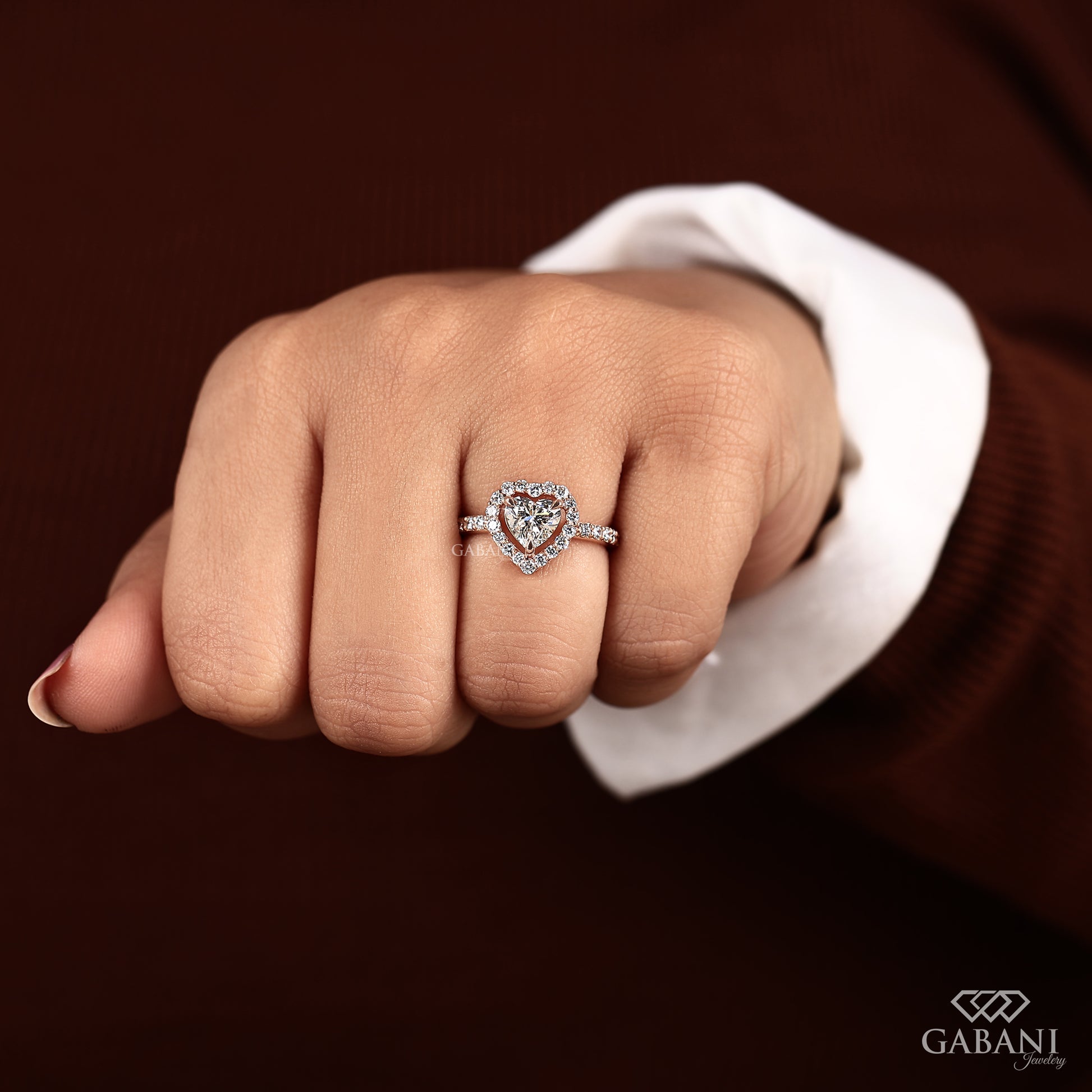 heart shaped lab grown diamond ring with halo style in rose gold for women