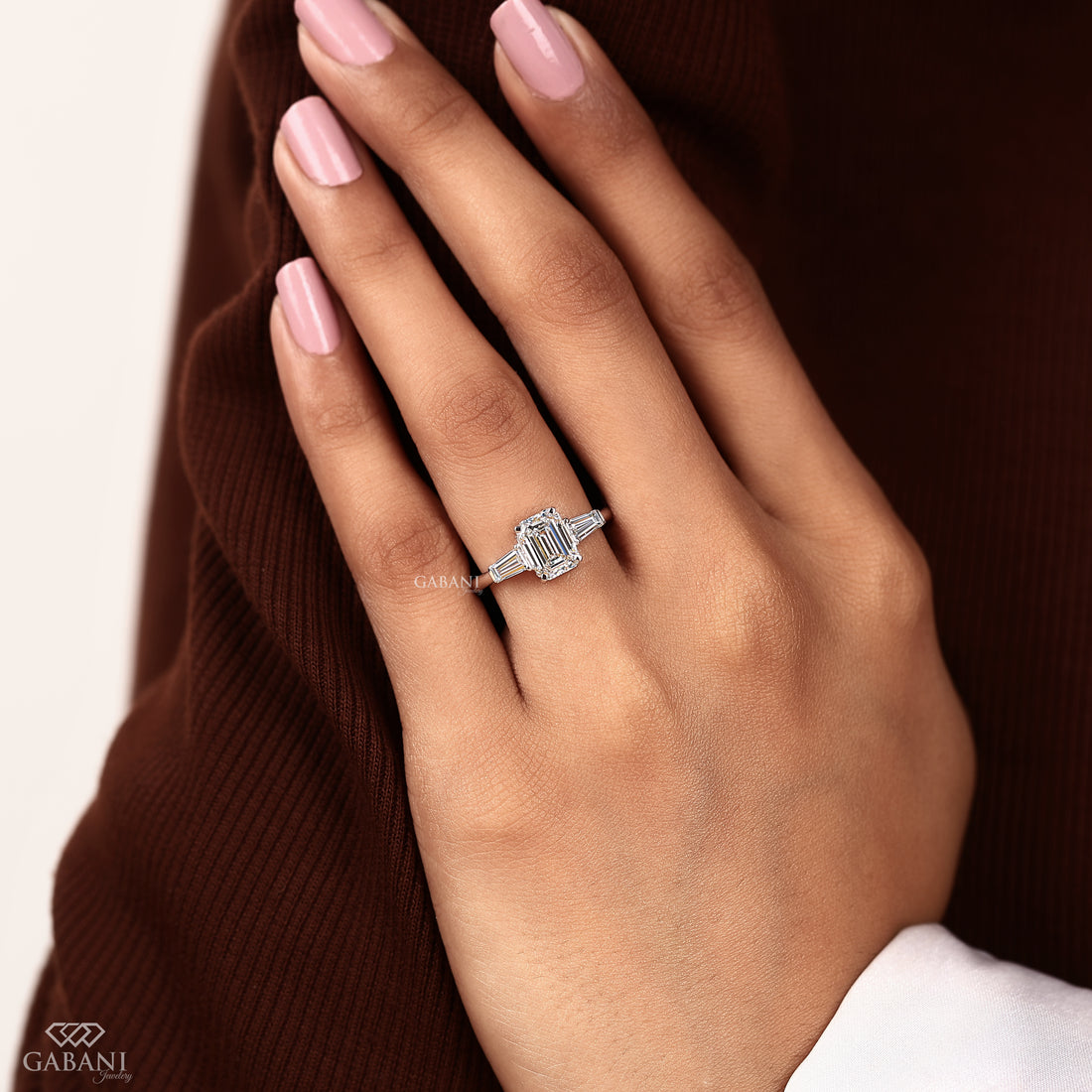 Emerald cut lab grown diamond bridal ring by Gabani Jewelry