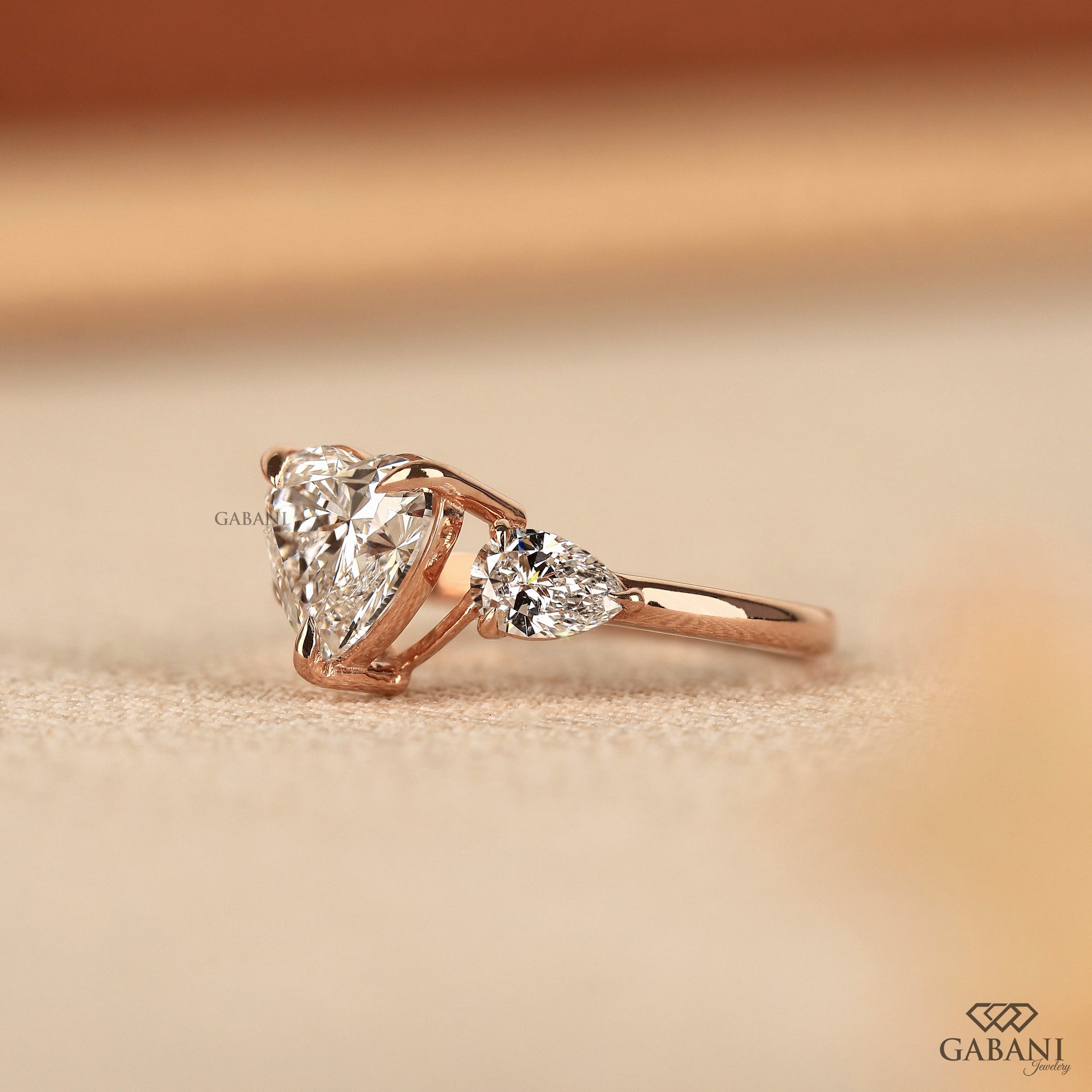 handmade heart cut lab diamond three stone ring