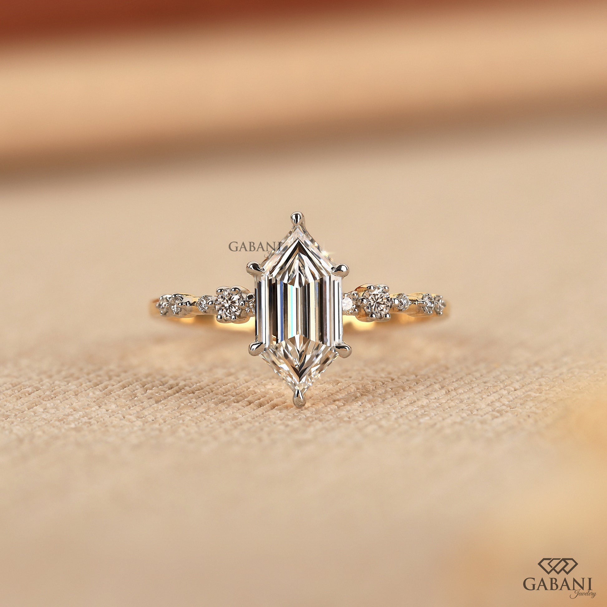 Hexagon cut lab grown diamond engagement ring in yellow gold with Art Deco design