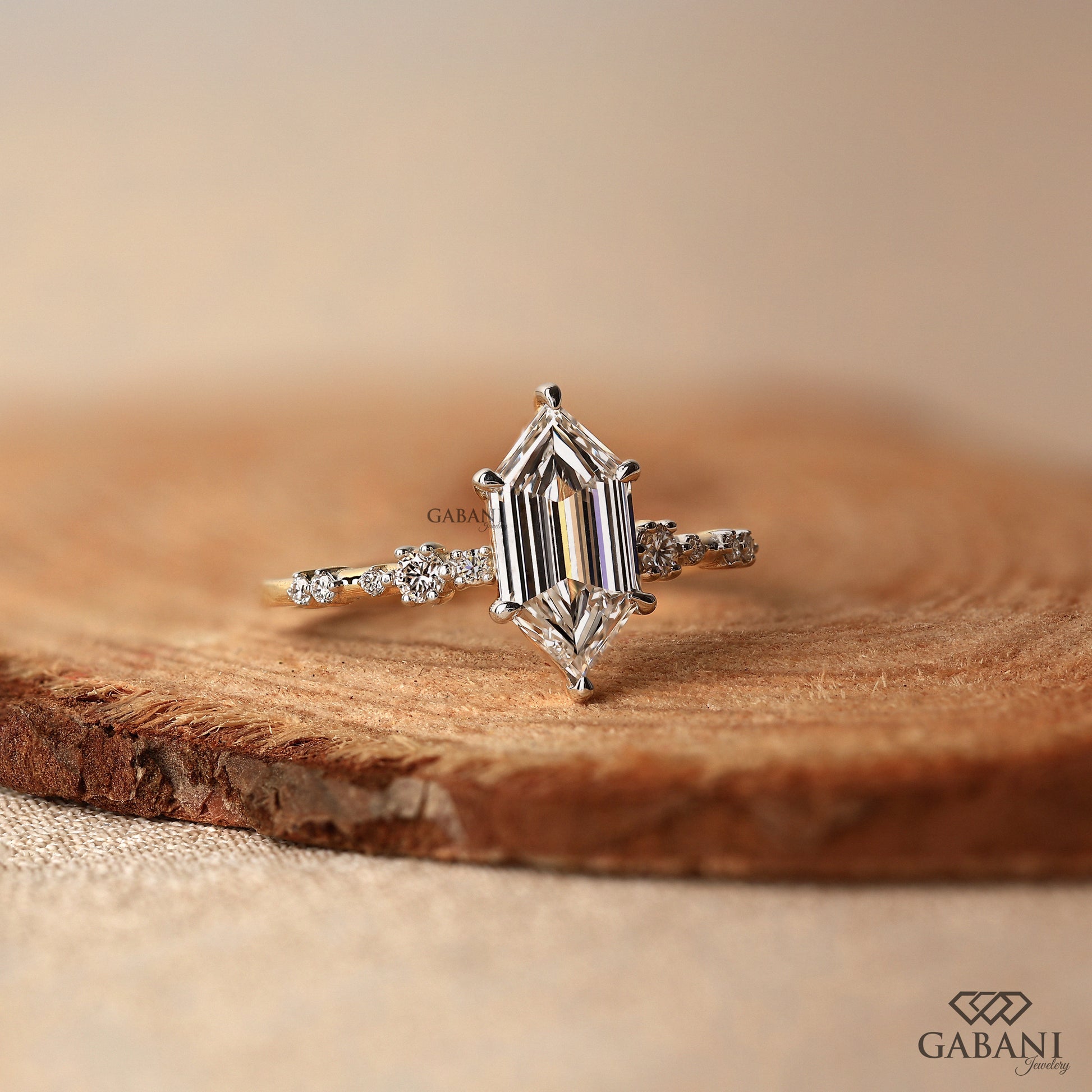 IGI certified lab grown hexagon diamond engagement ring in yellow gold