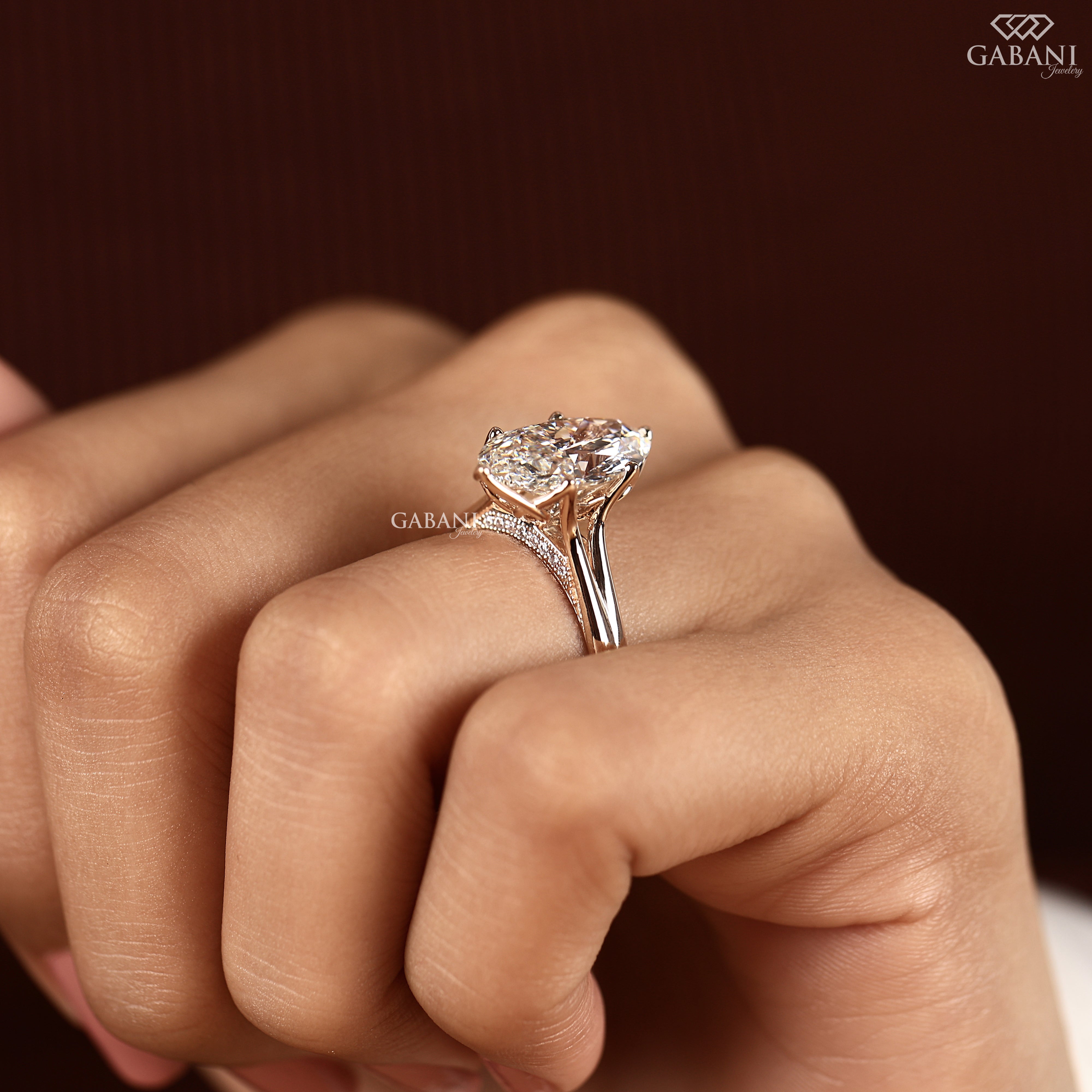 Eco friendly marquise cut lab grown diamond engagement ring with split shank