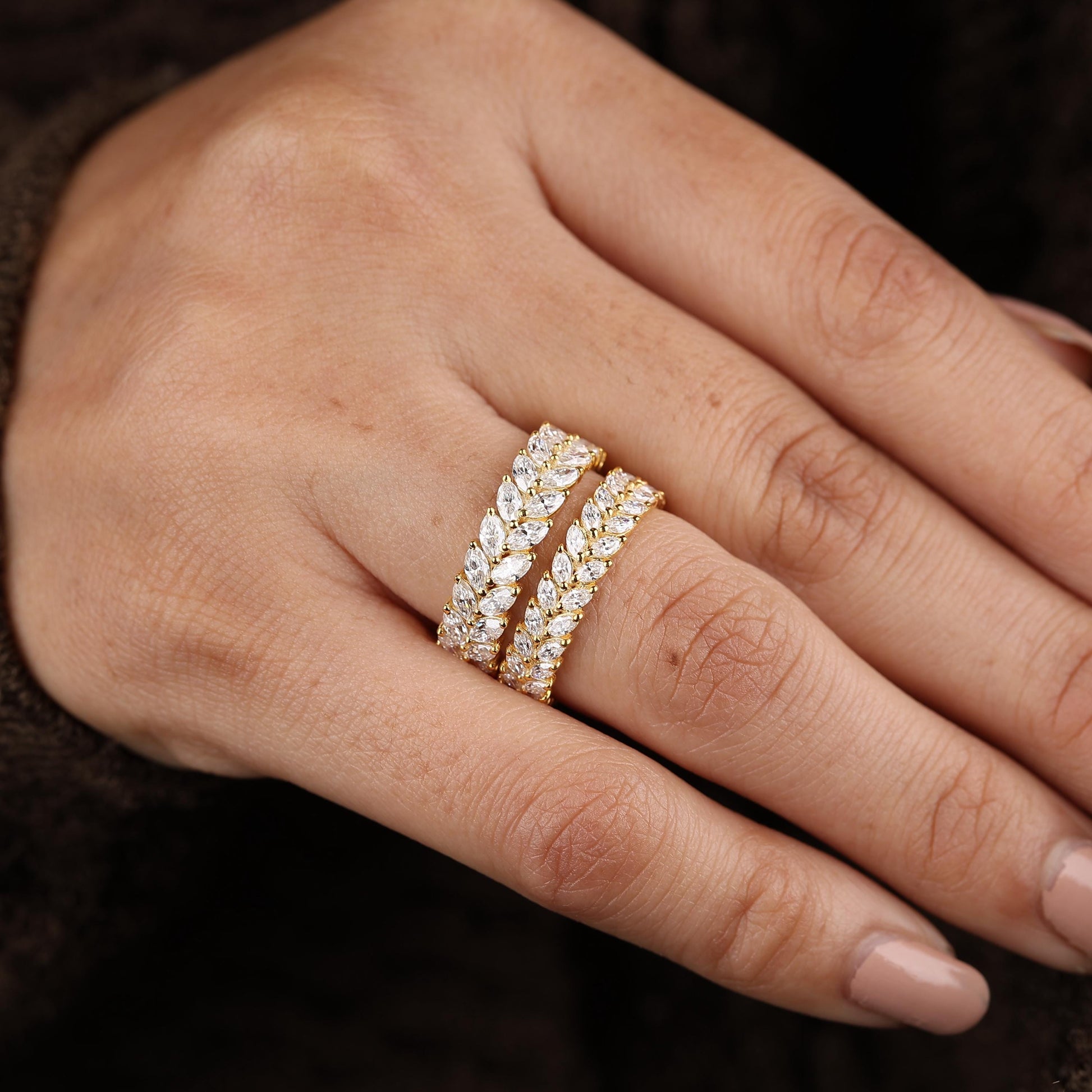 Double Row Wedding Band, Marquise Cut Moissanite Band Full Eternity Stackable Band Unique Wedding Band For Women, Anniversary Gift For Love