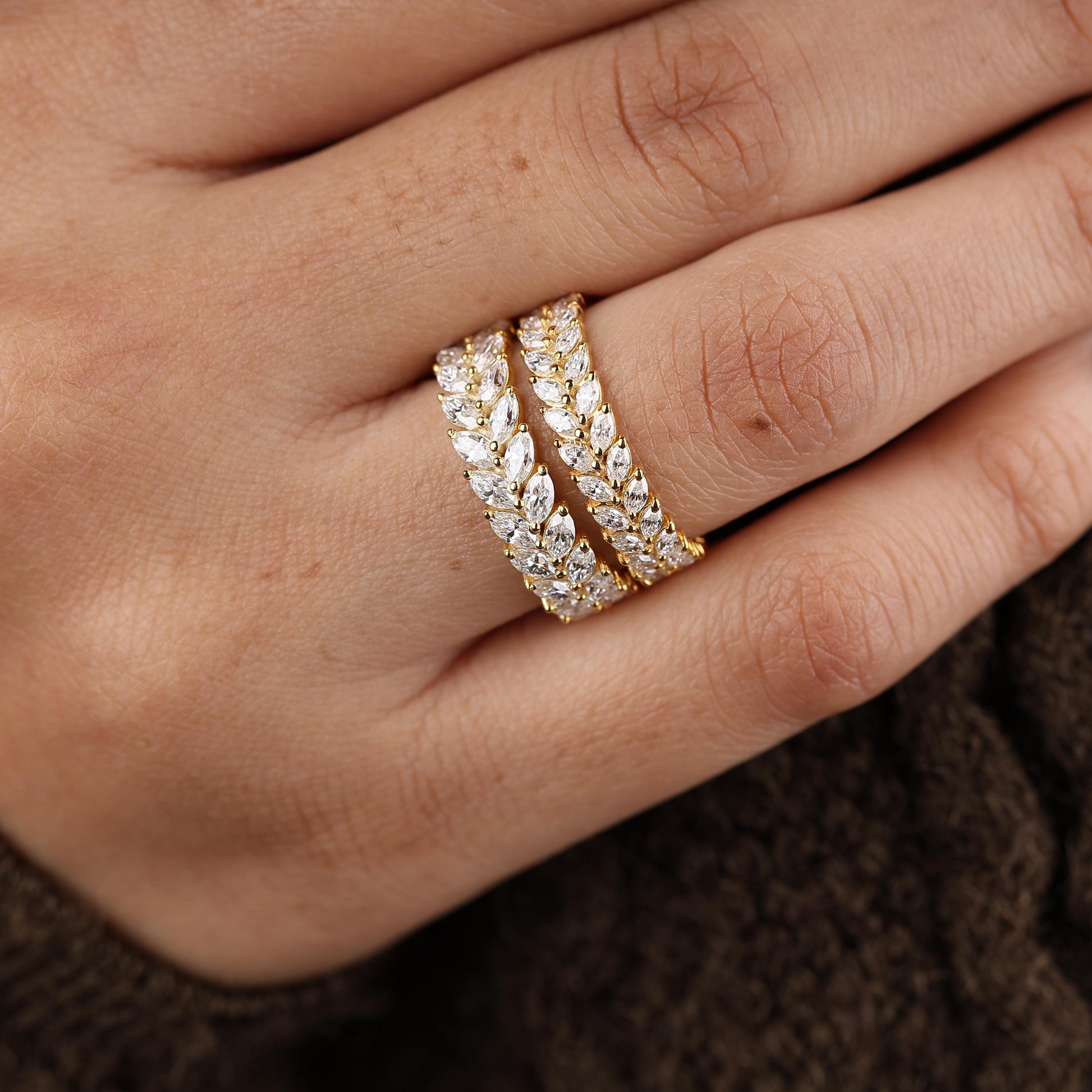 Double Row Wedding Band, Marquise Cut Moissanite Band Full Eternity Stackable Band Unique Wedding Band For Women, Anniversary Gift For Love