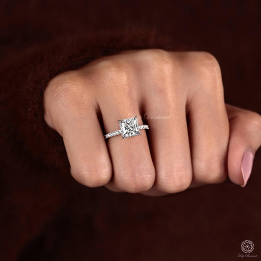 2.5 CT Princess Cut Diamond Ring, Hidden Halo Solitaire Engagement Ring, IGI Certified Lab Grown Diamond Ring, Comfort Fit Wedding Ring Gift