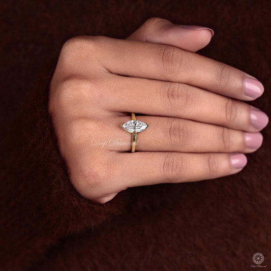 Marquise cut Lab Grown Diamond Ring, 1 - 3 CT Lab Created Diamond Engagement Ring, Half Bezel Solitaire Ring, IGI Certified Marquise Ring