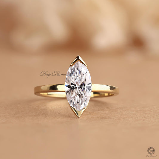 Marquise cut Lab Grown Diamond Ring, 1 - 3 CT Lab Created Diamond Engagement Ring, Half Bezel Solitaire Ring, IGI Certified Marquise Ring