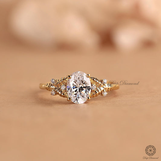 Nature Inspired Engagement Ring, Oval cut Lab Grown Diamond Ring, IGI Certified EF/VS1 Diamond Ring, Leaf Style Wedding Ring, Vintage Rings