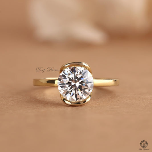Round Diamond Solitaire Ring, 1 - 2 CT Half Bezel set Excellent cut Lab Grown Diamond Ring, Engagement Ring For Wedding Band, Bridal Ring
