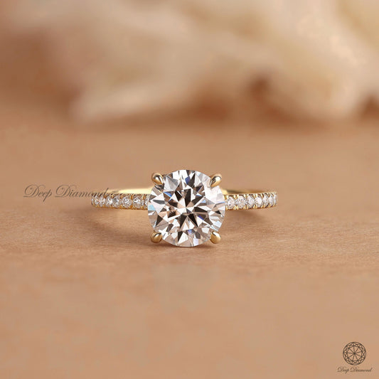 Round cut Diamond Hidden Halo Ring, 2 CT IGI Certified Lab Grown Diamond Solitaire Ring, Side Pave set Engagement Ring, Bridal Proposal Ring