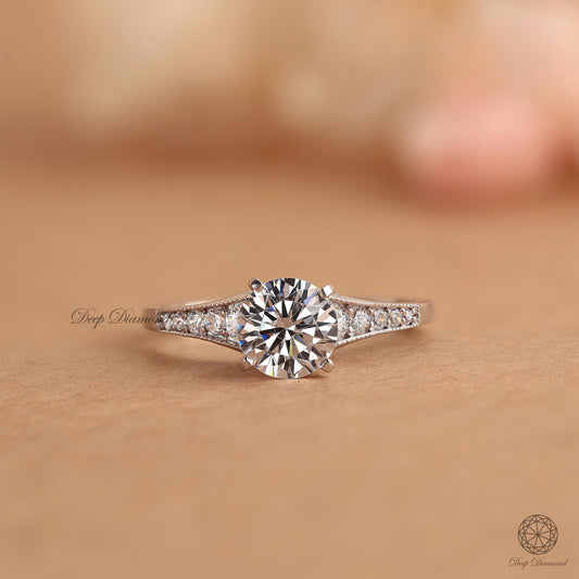 Round Diamond Engagement Ring, 1.0 - 2.0 CT E/VS1 Lab Grown Diamond Ring, Classic Side set Pave Vintage Style Ring, Perfect Fit Wedding Ring