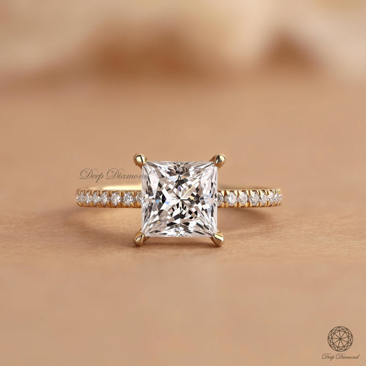 Princess cut Lab Grown Diamond Hidden Halo Ring, Pave set Solitaire Ring, 1 - 3 Carat EF/VS1 Clarity Diamond Ring, Engagement Ring For Women