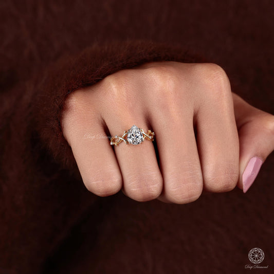 Pear cut Lab Grown Diamond Engagement Ring, Nature Inspired & Leaf Style Diamond Ring For Women, IGI Certified Diamond Ring, Proposal Ring