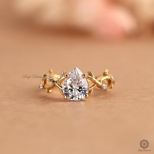 Pear cut Lab Grown Diamond Engagement Ring, Nature Inspired & Leaf Style Diamond Ring For Women, IGI Certified Diamond Ring, Proposal Ring