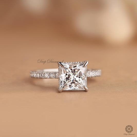 2.5 CT Princess Cut Diamond Ring, Hidden Halo Solitaire Engagement Ring, IGI Certified Lab Grown Diamond Ring, Comfort Fit Wedding Ring Gift
