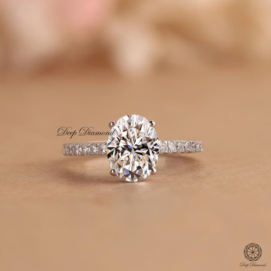 Oval Cut Lab Grown Diamond Engagement Ring For Women, 2 CT IGI Certified Lab Diamond Ring, Side Pave set Ring, Cathedral Shank Wedding Ring