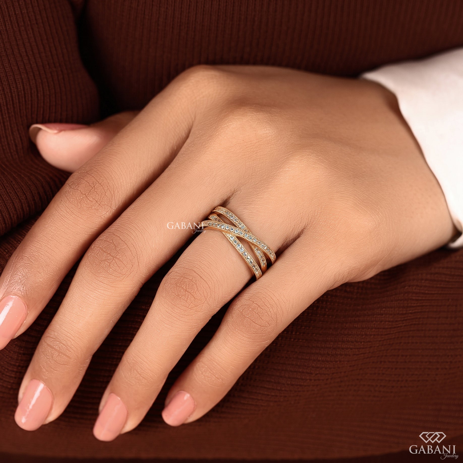 Handcrafted crossover wedding band with lab grown diamonds and a comfortable fit