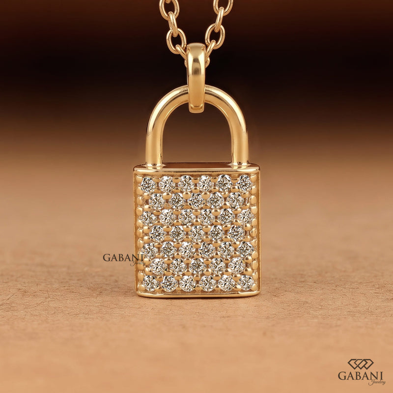 Padlock Lab Grown Diamond Pendant Necklace in 18K Yellow Gold, Pavé Lock Necklace
