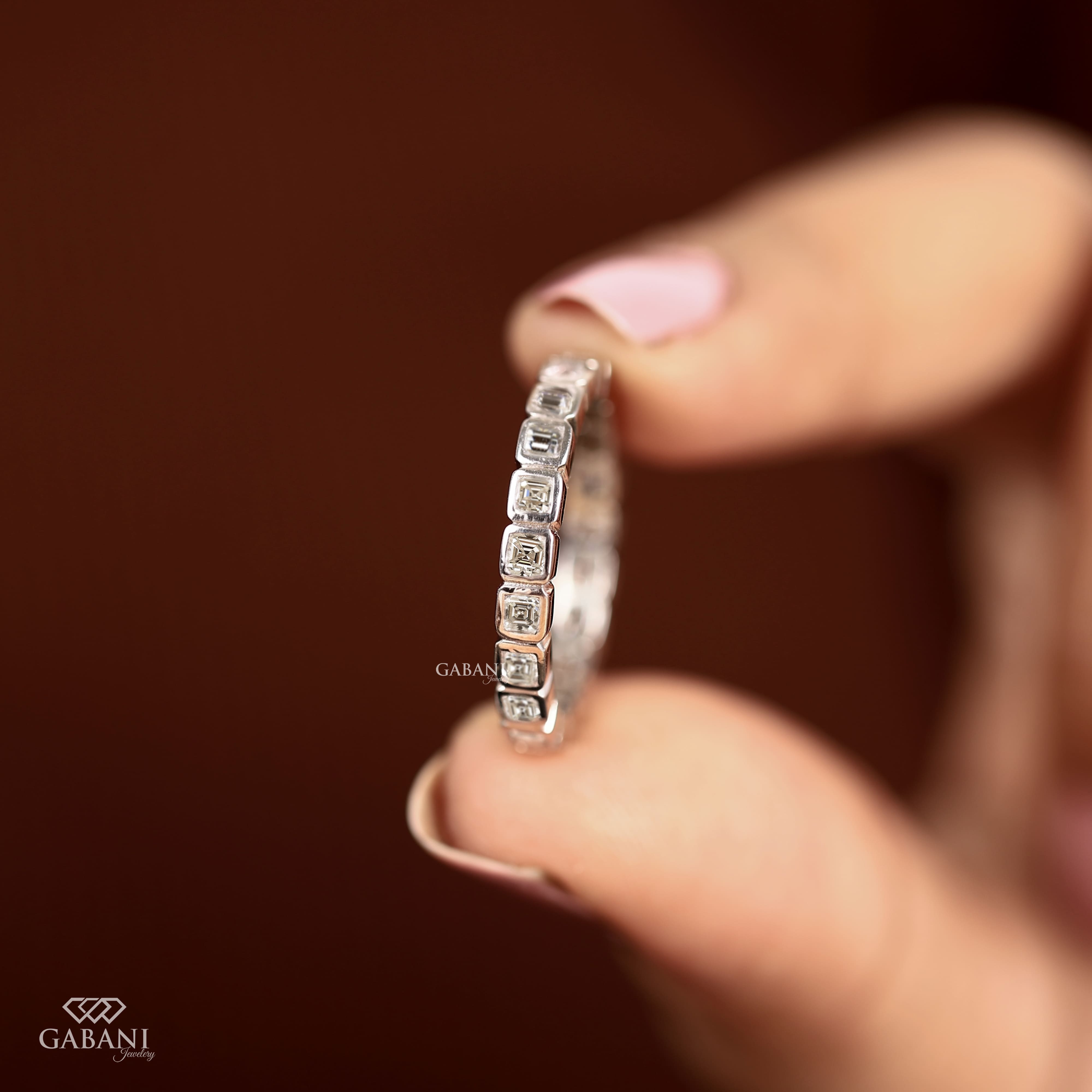 Asscher cut lab grown diamond full eternity band in white gold with bezel set EF color VS1 clarity diamonds, designed as a wedding, anniversary, bridal, or stackable ring.