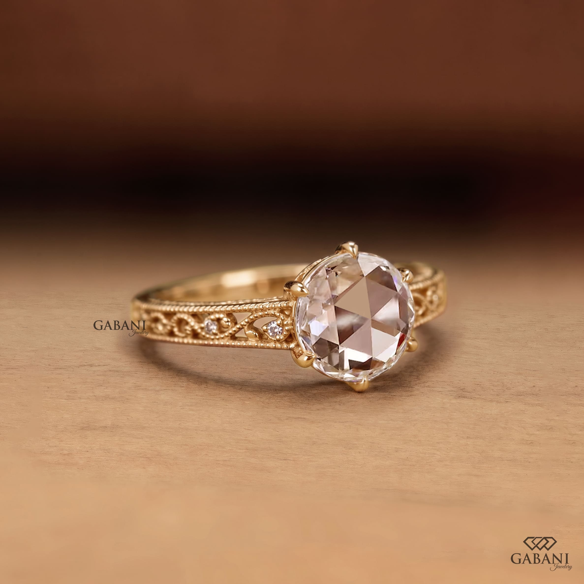Round rose cut lab grown diamond engagement ring with vintage filigree, milgrain detailing and small round diamond accents in gold.