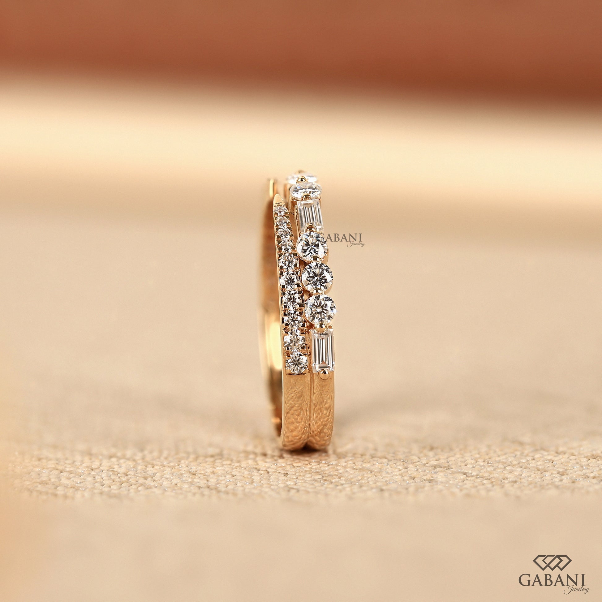 matching lab grown diamond band with baguette and round cuts in yellow gold