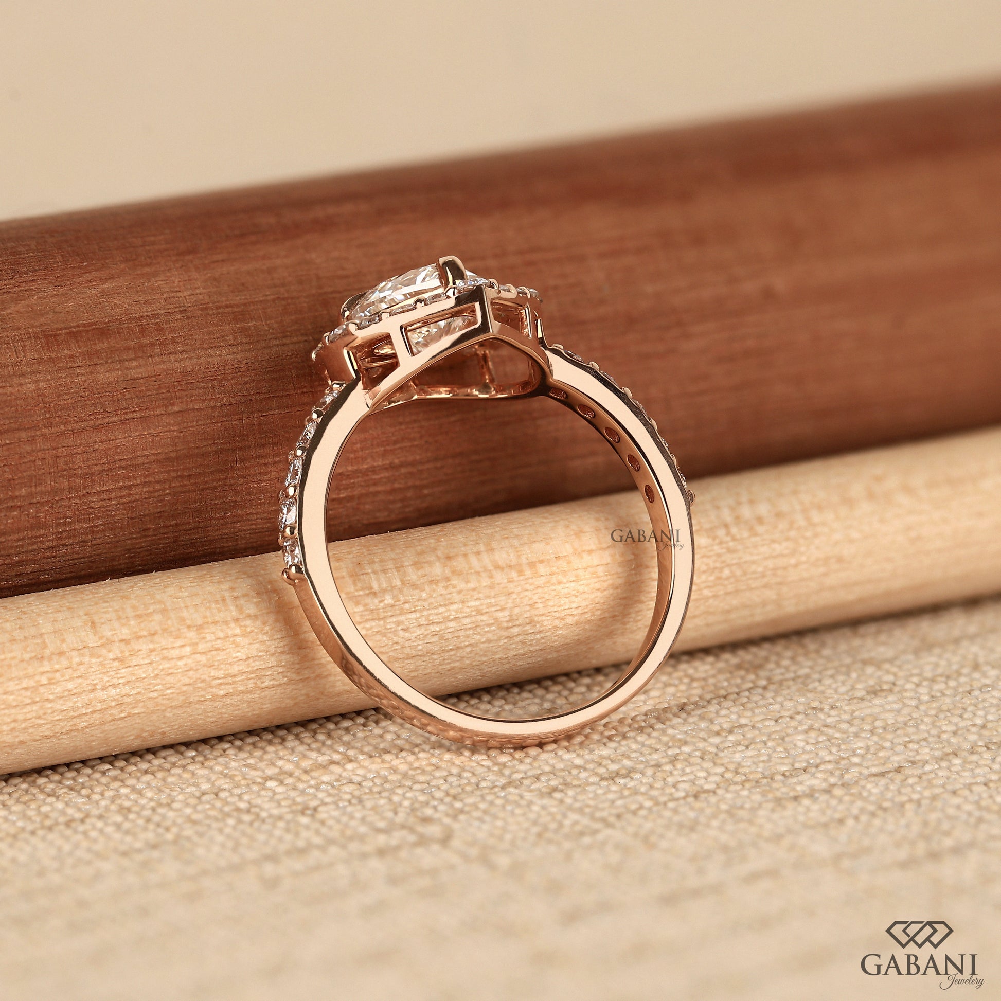 heart diamond halo ring with lab grown stones in rose gold