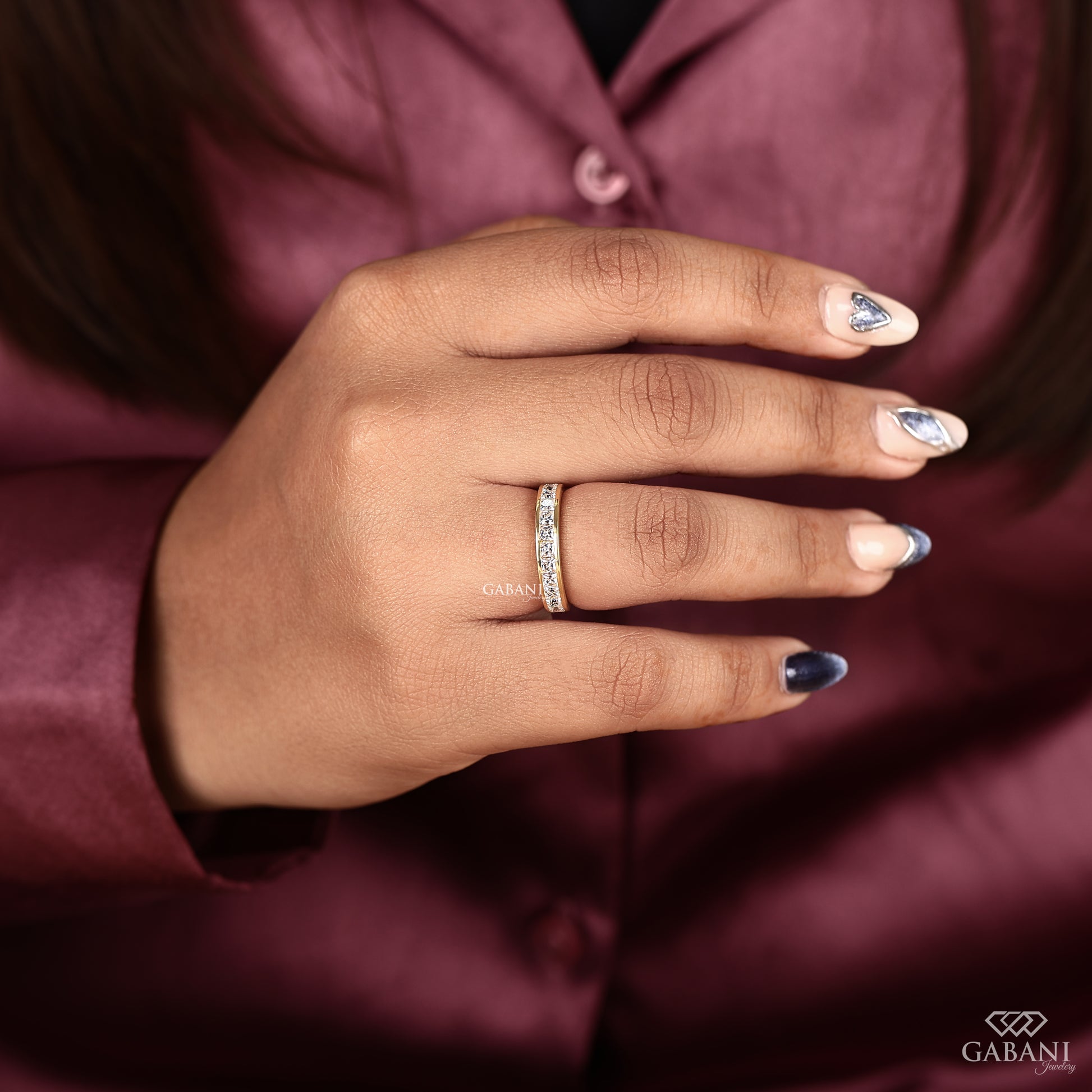 Low profile wedding band with princess cut lab grown diamonds in 14K yellow gold
