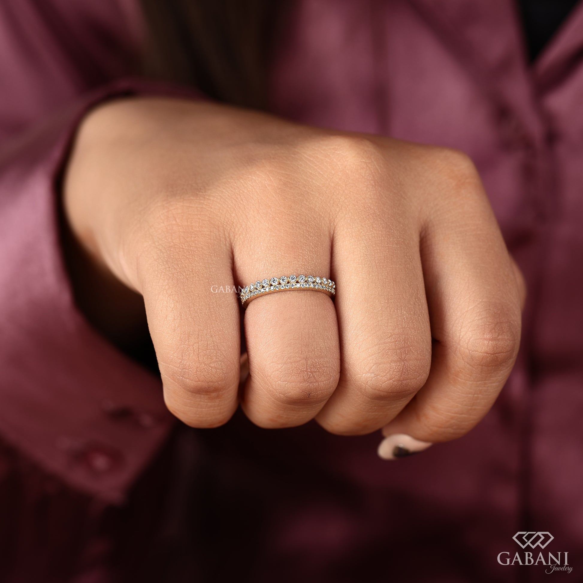 stackable lab grown diamond band in yellow gold with thin double row style and refined minimal appearance