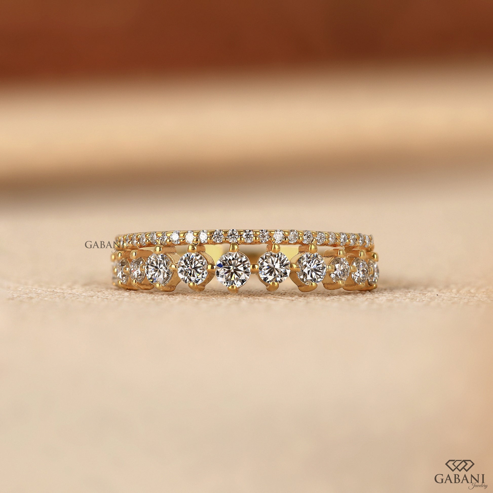 yellow gold half eternity band with round lab grown diamonds tiara style
