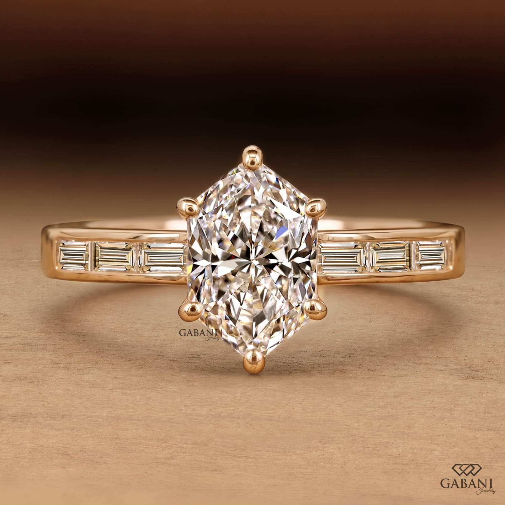 Marquise cut lab grown diamond engagement ring with baguette side stones, six prong setting and yellow gold band.