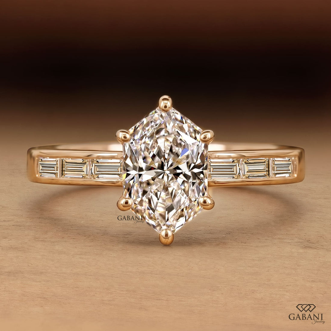 Marquise cut lab grown diamond engagement ring with baguette side stones, six prong setting and yellow gold band.