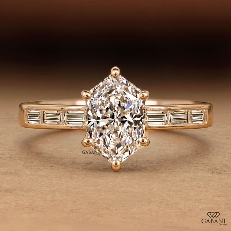 Marquise Cut Lab Grown Diamond Engagement Ring with Baguette Side Stones