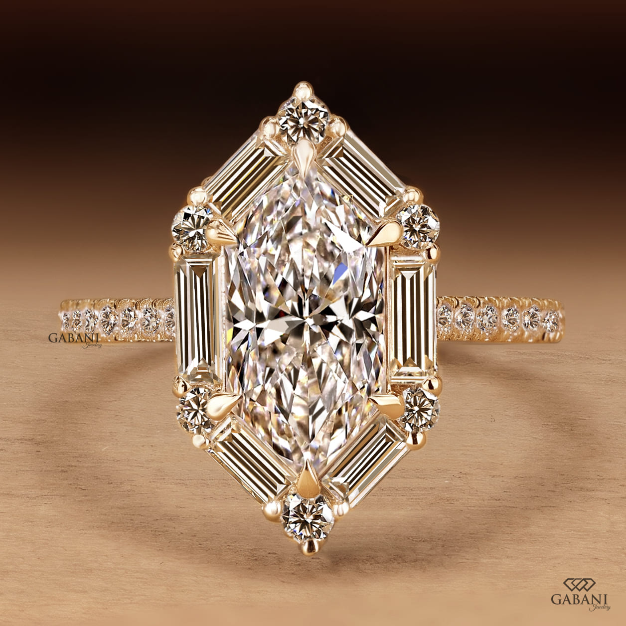 Marquise cut lab grown diamond engagement ring with baguette and round diamond accents, pavé band and yellow gold setting.