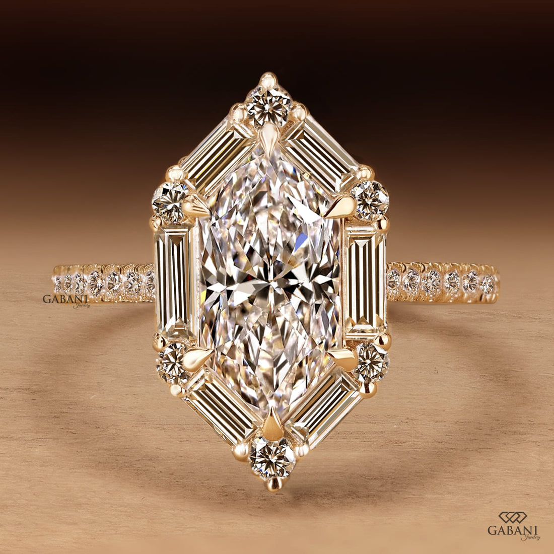 Marquise cut lab grown diamond engagement ring with baguette and round diamond accents, pavé band and yellow gold setting.