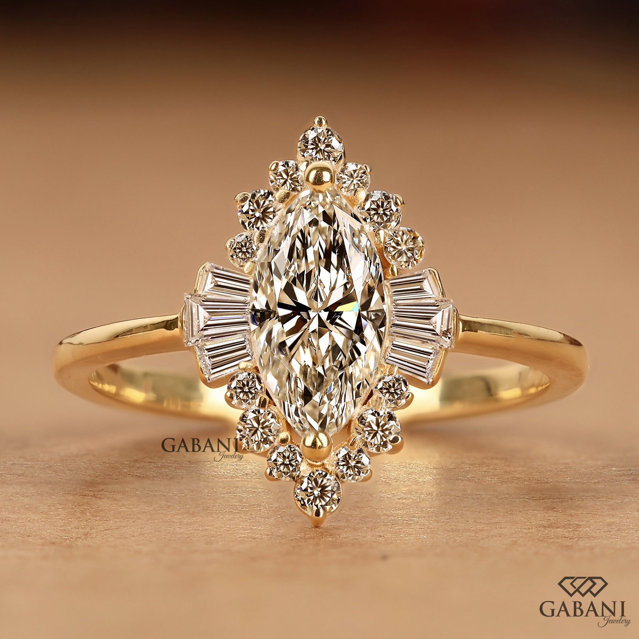 Marquise lab grown diamond engagement ring with floral halo, baguette side stones and yellow gold band, IGI certified EF color VS1 clarity