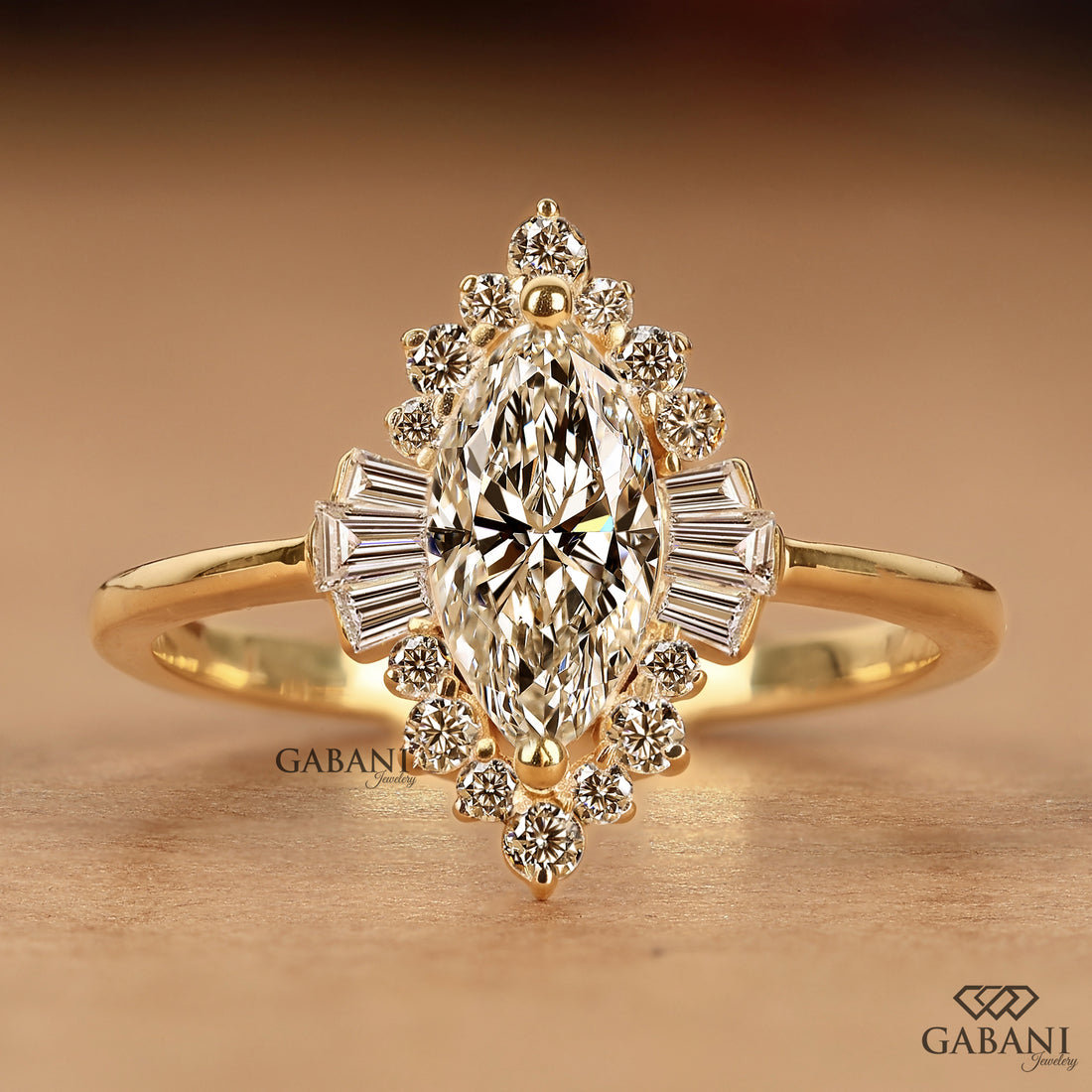 Marquise lab grown diamond engagement ring with floral halo, baguette side stones and yellow gold band, IGI certified EF color VS1 clarity