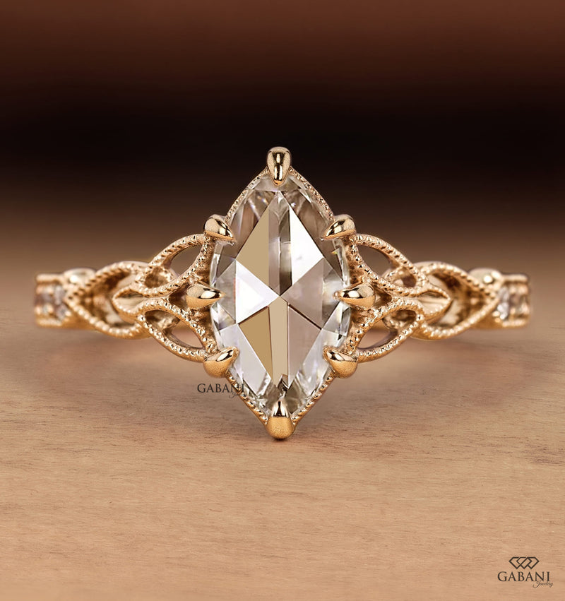 Marquise Rose Cut Lab Grown Diamond Nature Inspired Engagement Ring in Yellow Gold