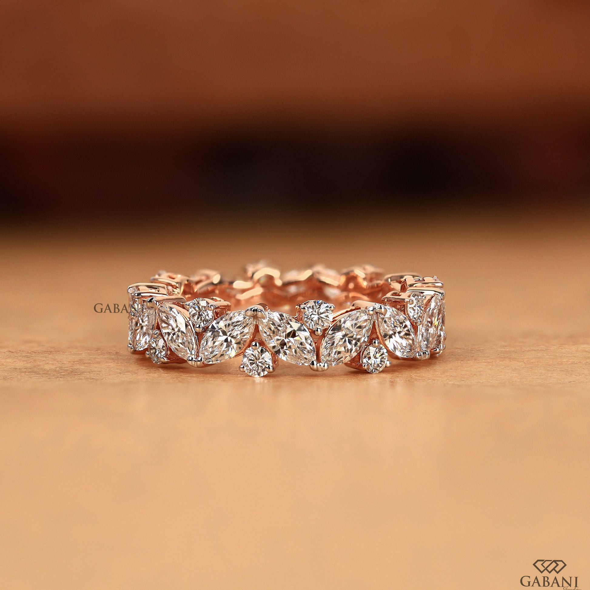 marquise and round lab diamond eternity band in rose gold comfort fit wedding ring
