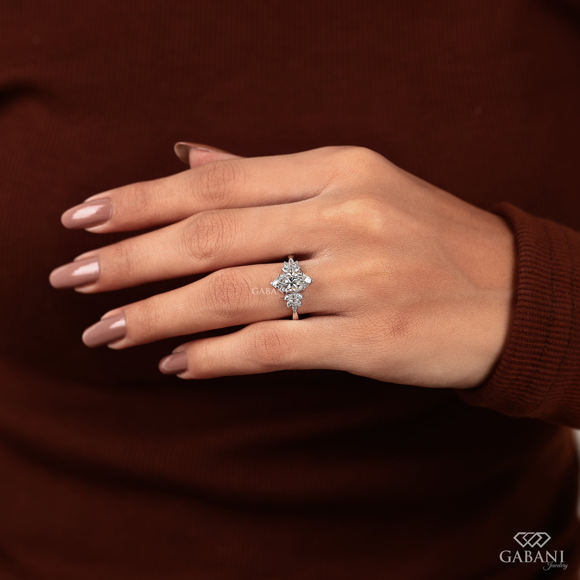 Marquise shaped lab grown diamond ring in solid white gold with handcrafted modern classic design